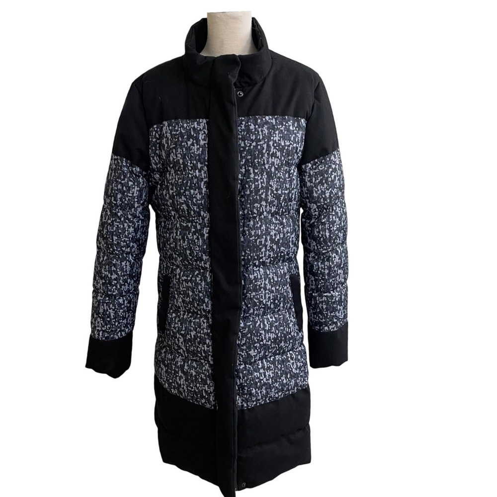 Fabletics Waco Womens Blackโ Gray Print Puffer Coat Longline Quilted Jacket Sz M